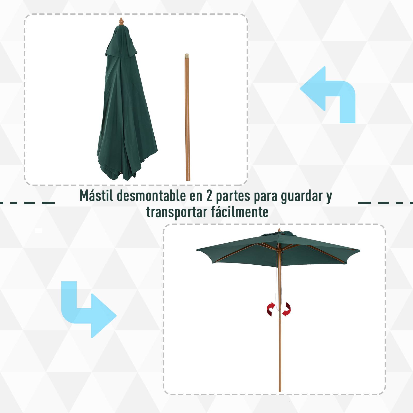 ComfortXL - Parasol Droit en Bois de Bambou Toile Verte avec Système à Poulie Ø250 cm - ComfortXL Outdoor Living - Image 9