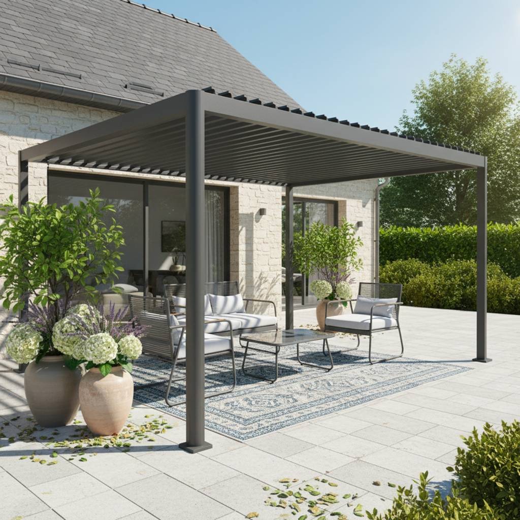 Pergola bioclimatique anthracite aluminium et acier lames orientables 4x3m - Imperial | sweeek - Image 1