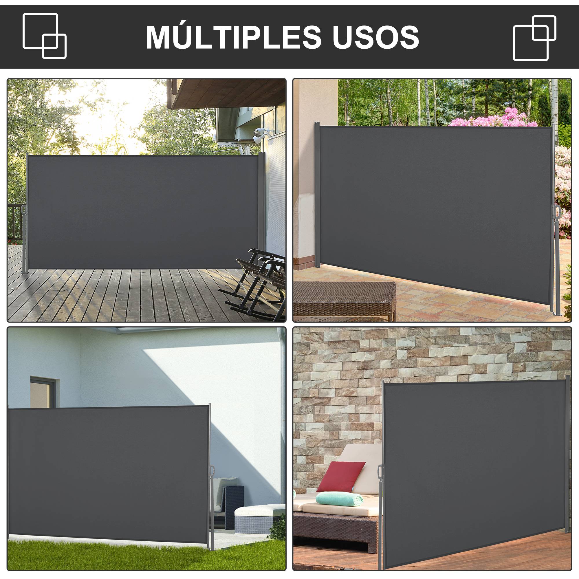 Store latéral rétractable 300 x 160 cm, enrouleur, protection solaire et intimité, pour balcon et terrasse, gris - Image 8