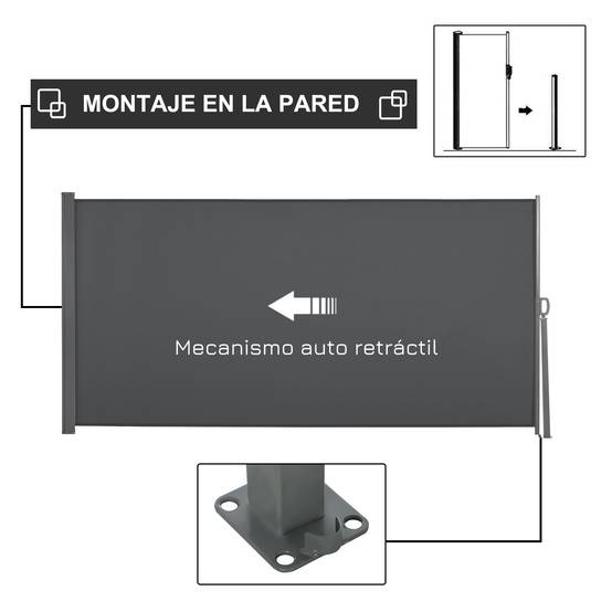 Store latéral rétractable 300 x 160 cm, enrouleur, protection solaire et intimité, pour balcon et terrasse, gris - Image 6