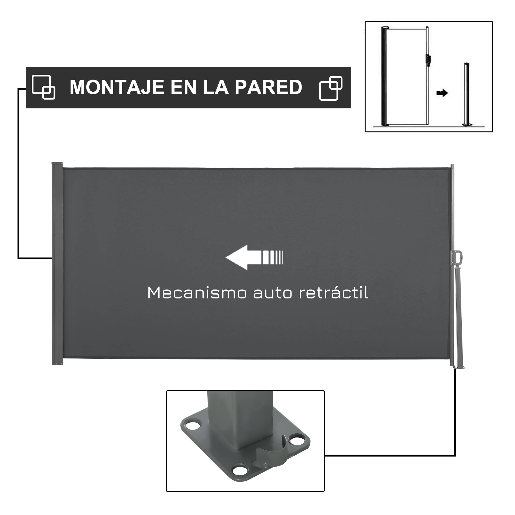 Store latéral rétractable 300 x 160 cm, enrouleur, protection solaire et intimité, pour balcon et terrasse, gris - Image 6