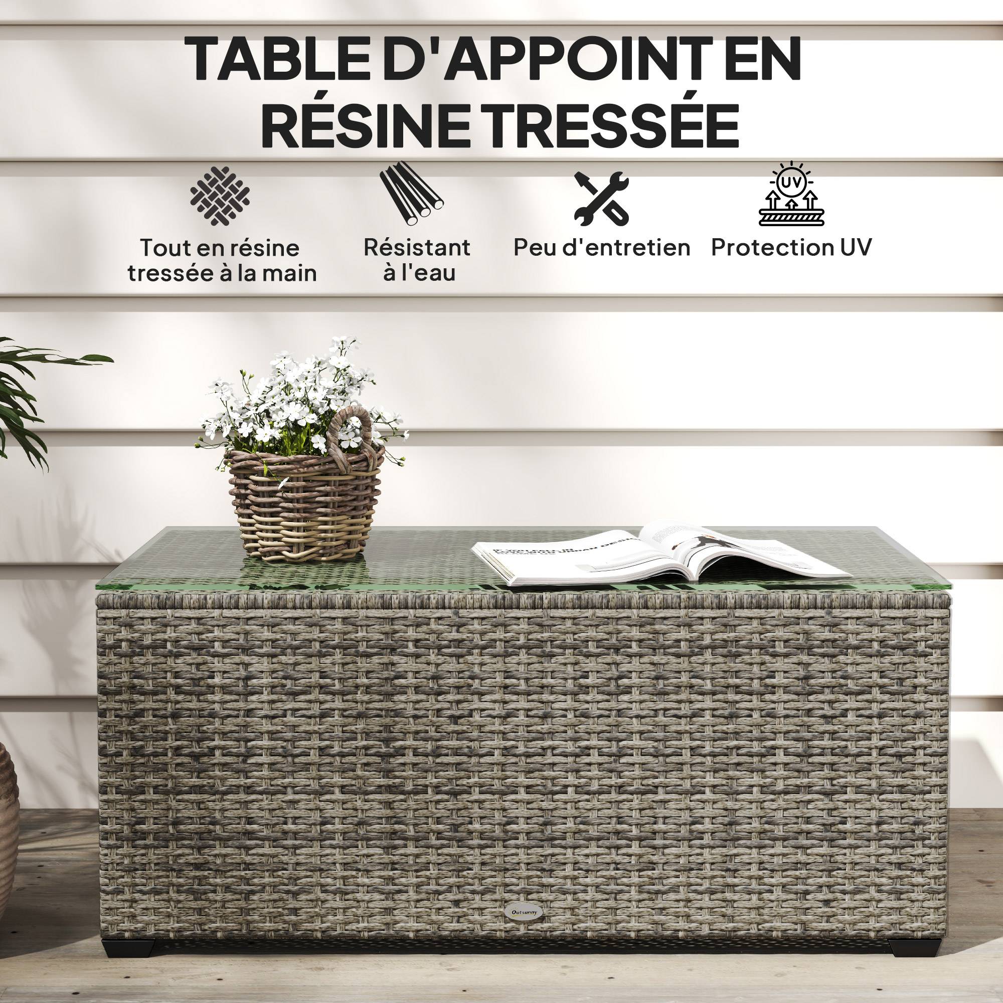 Table basse de jardin, table d'appoint en résine tressée avec plateau en verre trempé, 90 x 50 x 38 cm, gris foncé - Image 6
