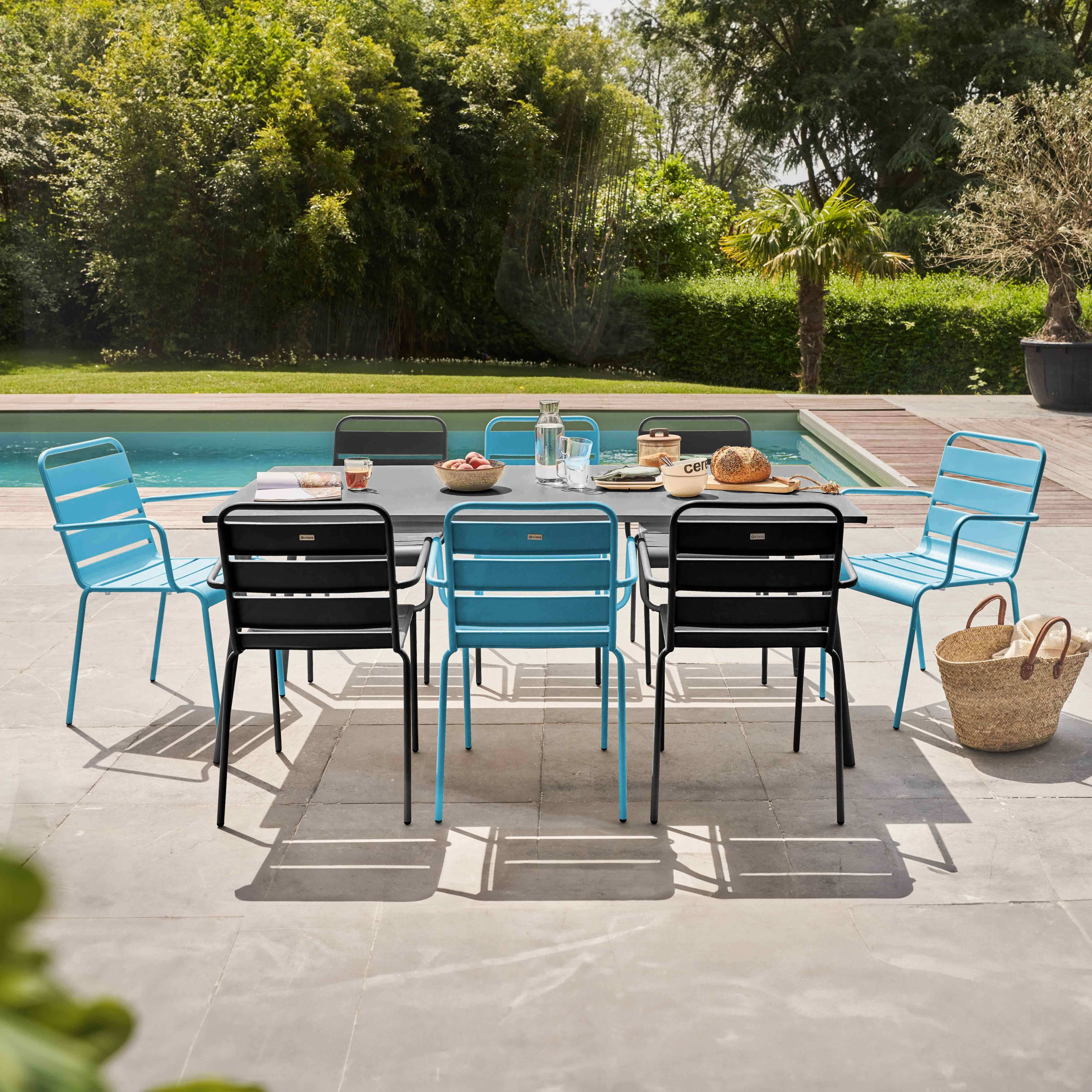 Oviala - Ensemble table de jardin et 8 fauteuils en métal bleu et gris Palavas - Oviala - Image 2