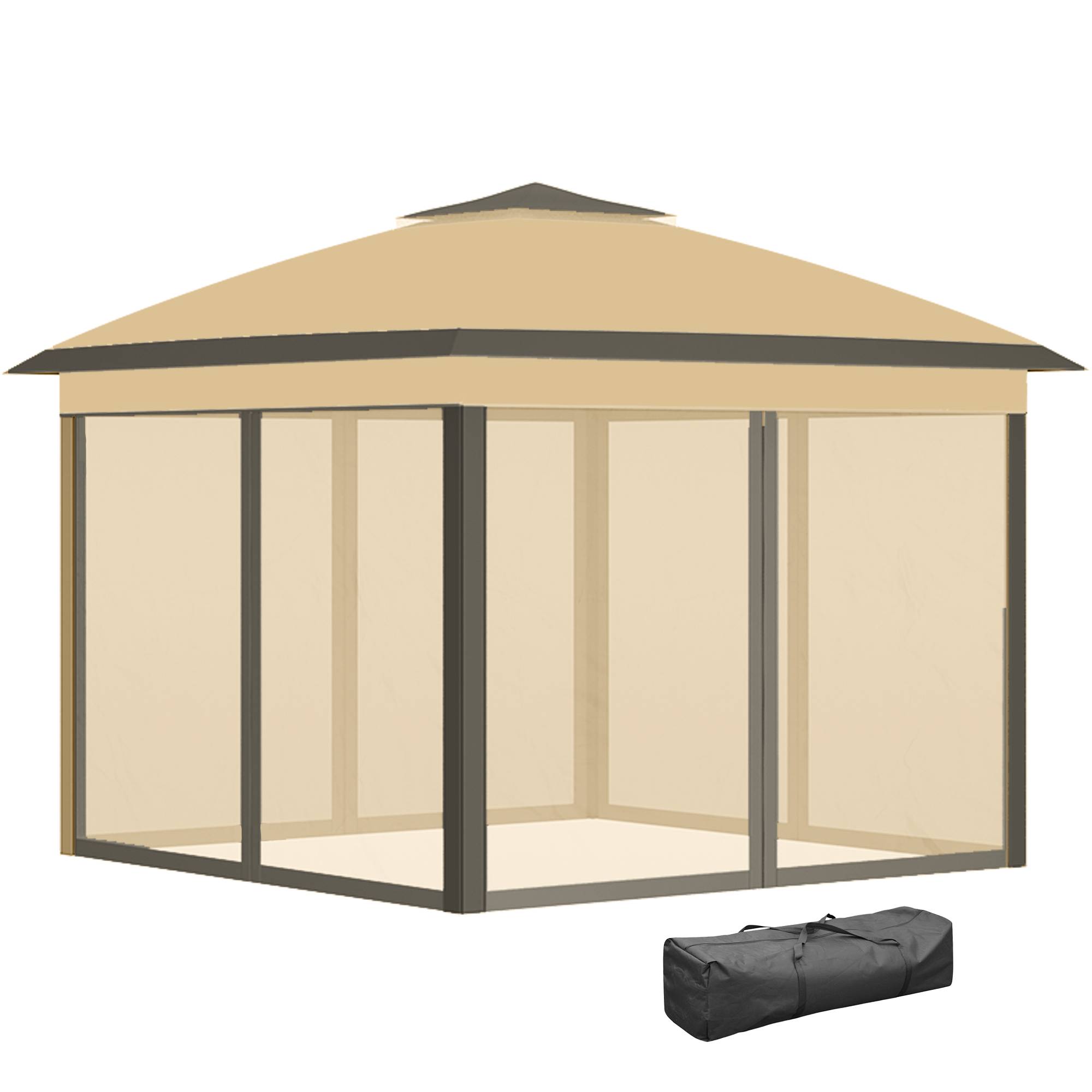 Tente beige 3,3x3,3 m avec hauteur réglable, double toit et moustiquaires, abri design sobre pour extérieur pratique et confortable - Image 2