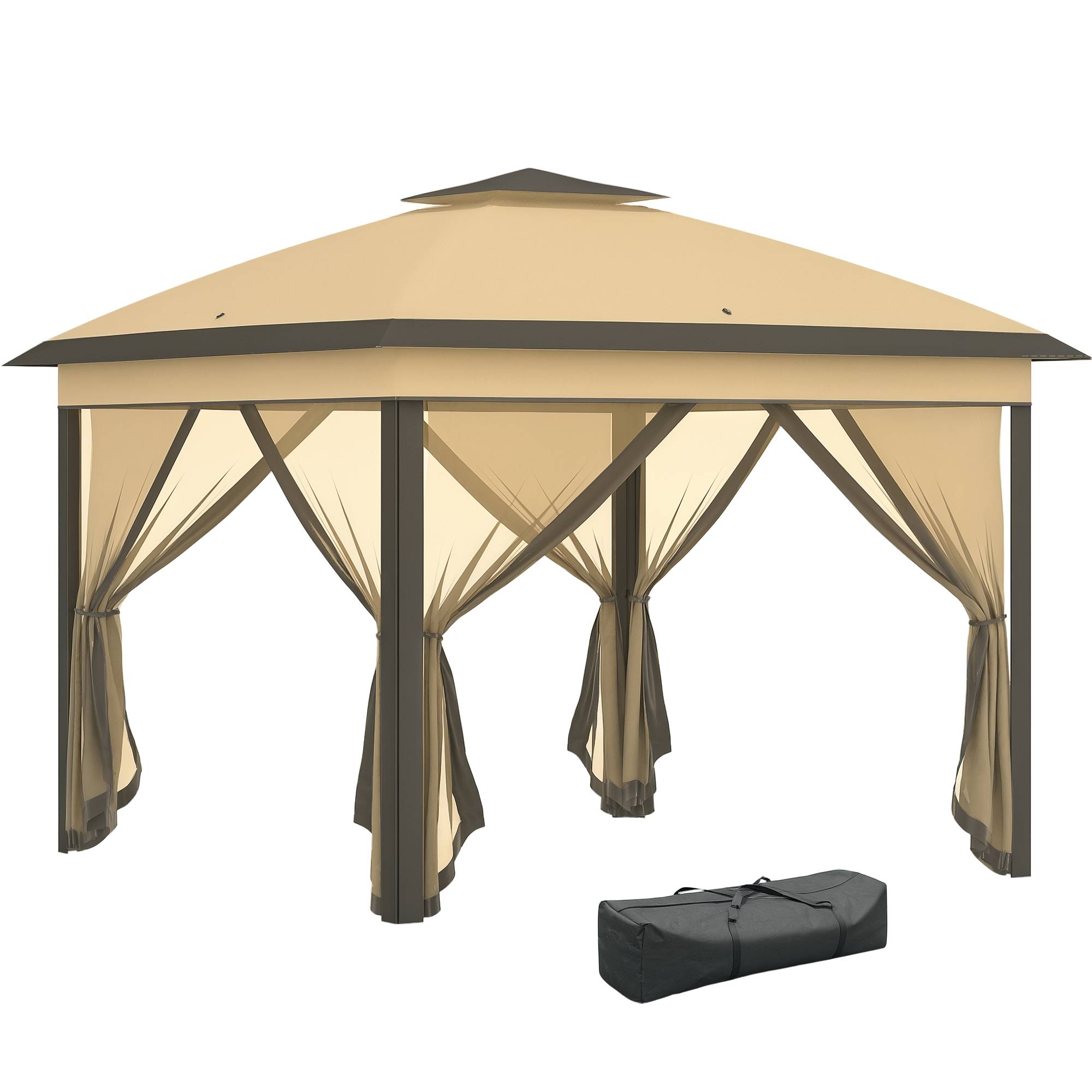 Tente beige 3,3x3,3 m avec hauteur réglable, double toit et moustiquaires, abri design sobre pour extérieur pratique et confortable - Image 1