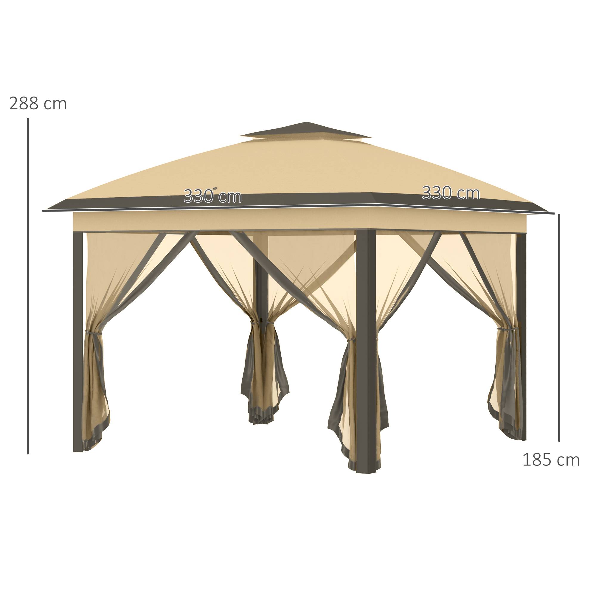 Tente beige 3,3x3,3 m avec hauteur réglable, double toit et moustiquaires, abri design sobre pour extérieur pratique et confortable - Image 5