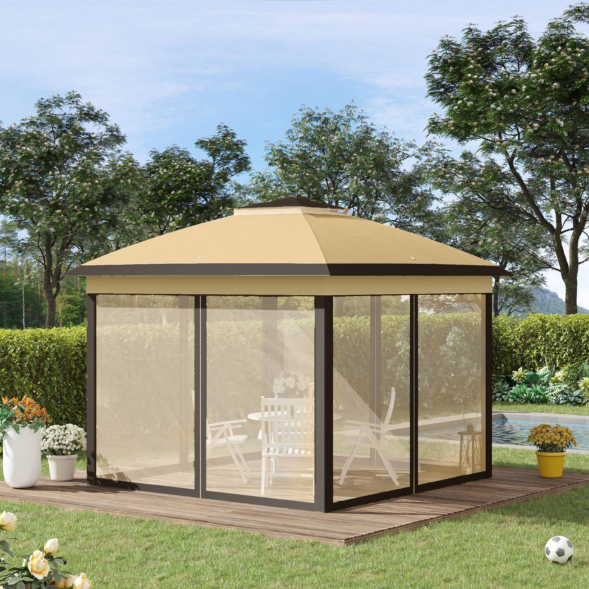 Tente beige 3,3x3,3 m avec hauteur réglable, double toit et moustiquaires, abri design sobre pour extérieur pratique et confortable - Image 4