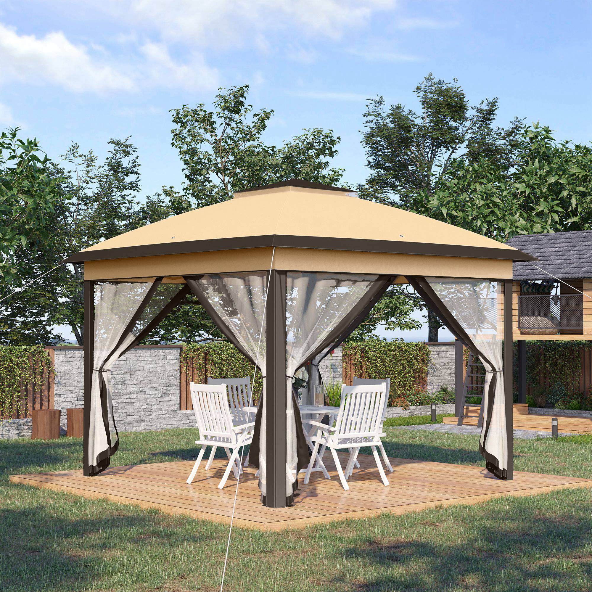 Tente beige 3,3x3,3 m avec hauteur réglable, double toit et moustiquaires, abri design sobre pour extérieur pratique et confortable - Image 3
