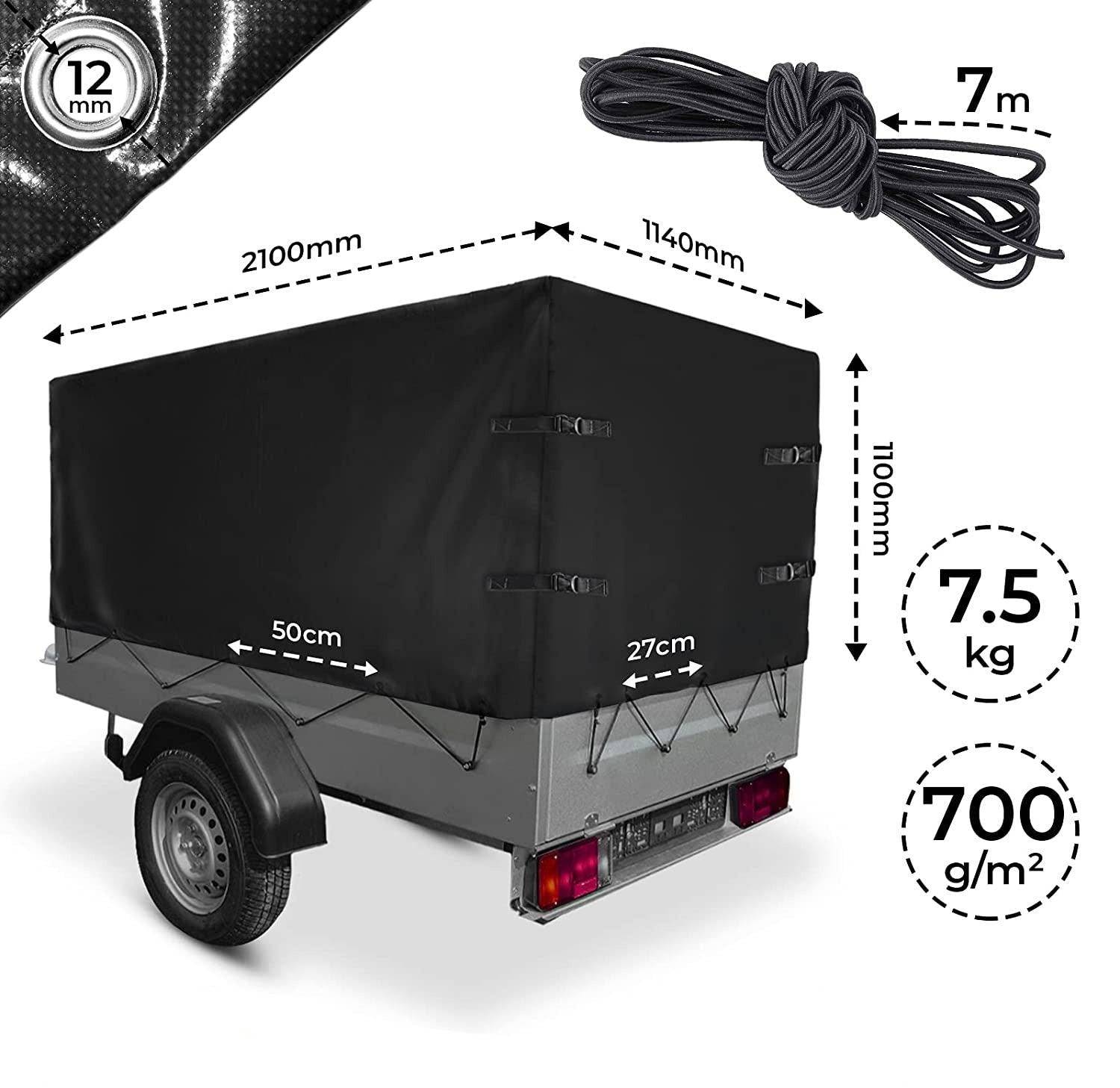 Helloshop26 - Bâche pour remorque 210 x 114 x 110 cm pvc 700 g/m² avec œillets 4 sangles et corde élastique 7 m imperméable noir bâche étanche de protection couver - Image 1