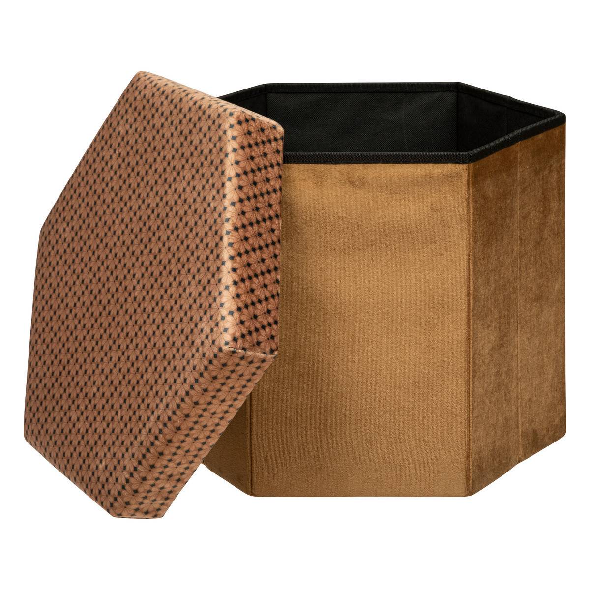 Pouf pliant et Coffre de rangement en velours Marron Caramel avec motifs - Image 2