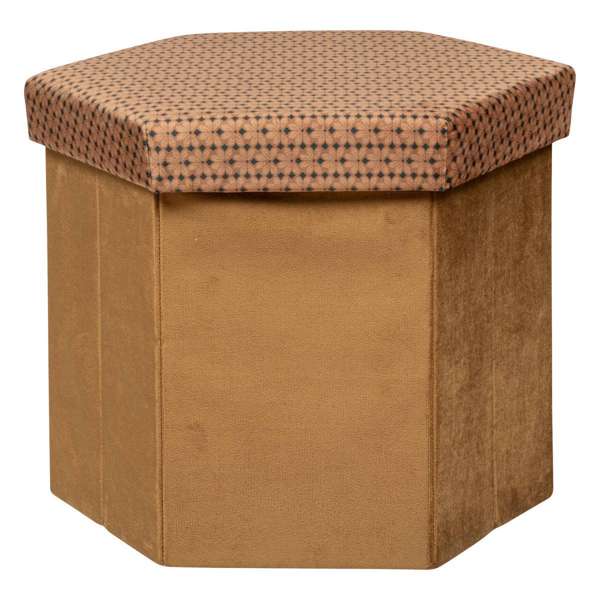 Pouf pliant et Coffre de rangement en velours Marron Caramel avec motifs - Image 1