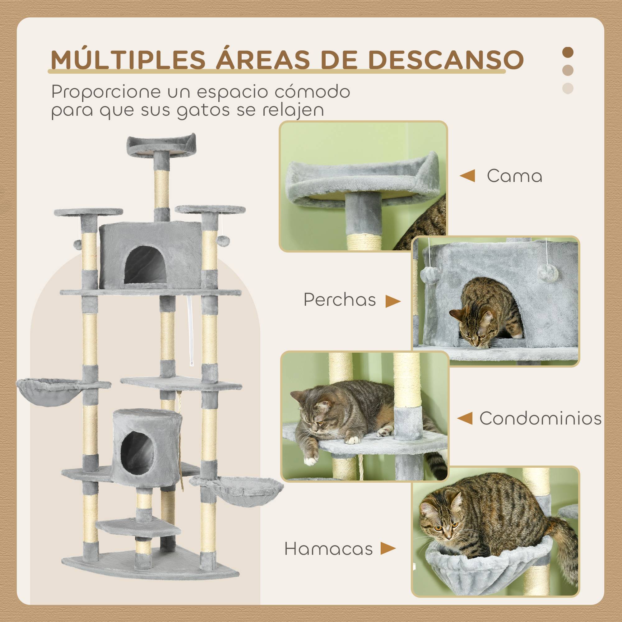 Grand arbre à chat XXL pour plusieurs chats avec 2 niches 2 hamacs et griffoirs en sisal 200 cm Gris - ComfortXL Outdoor Living - Image 6