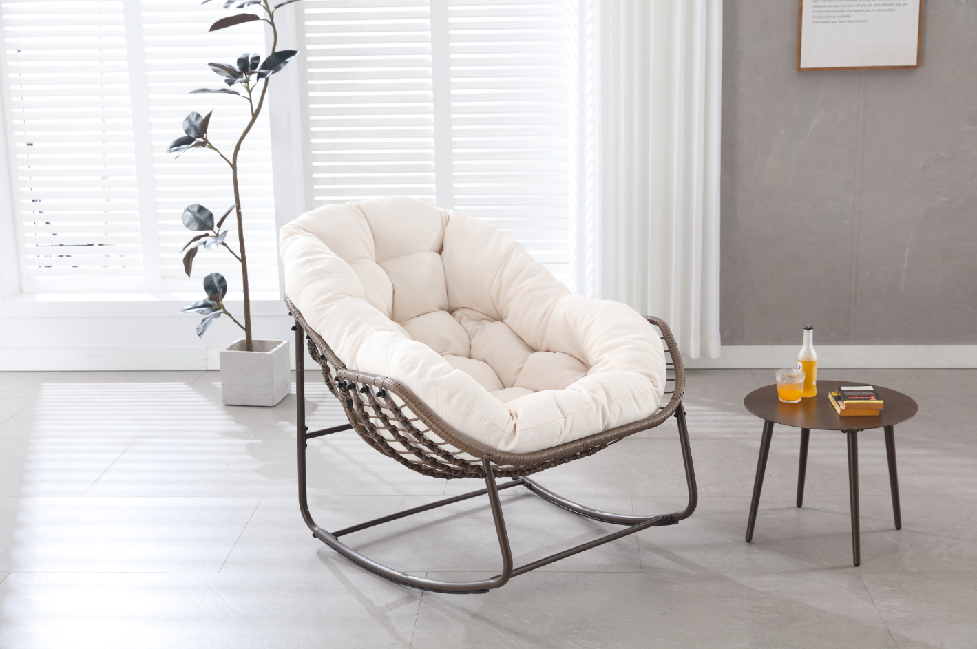 Fauteuil à bascule œuf rotin acier terrasse salon relaxation 106x90x78cm blanc - ComfortXL Outdoor Living - Image 1