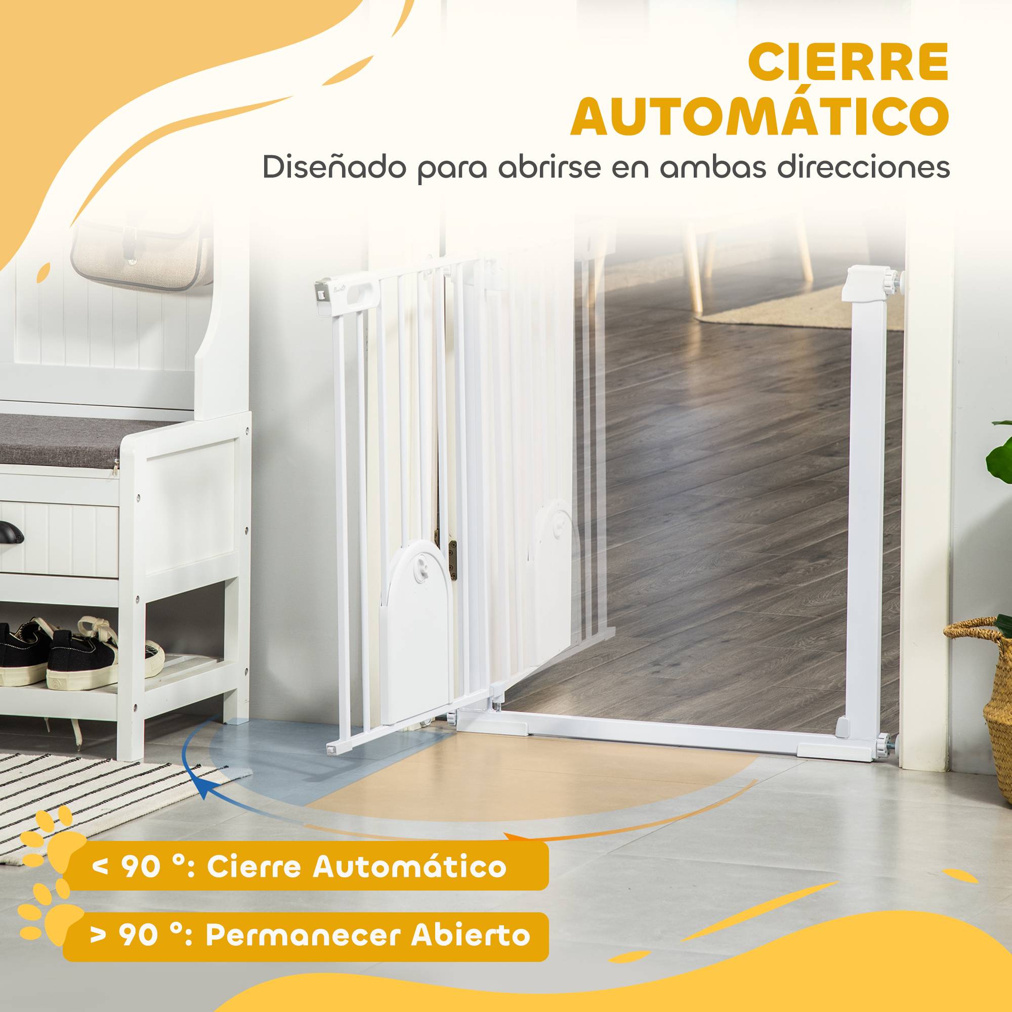 Barrière de sécurité pour chiens de 75 à 103 cm pour escaliers et portes, avec 2 extensions, fermeture automatique et double verrouillage, blanche. - Image 7