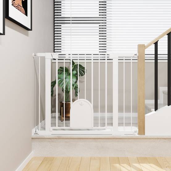 Barrière de sécurité pour chiens de 75 à 103 cm pour escaliers et portes, avec 2 extensions, fermeture automatique et double verrouillage, blanche. - Image 4