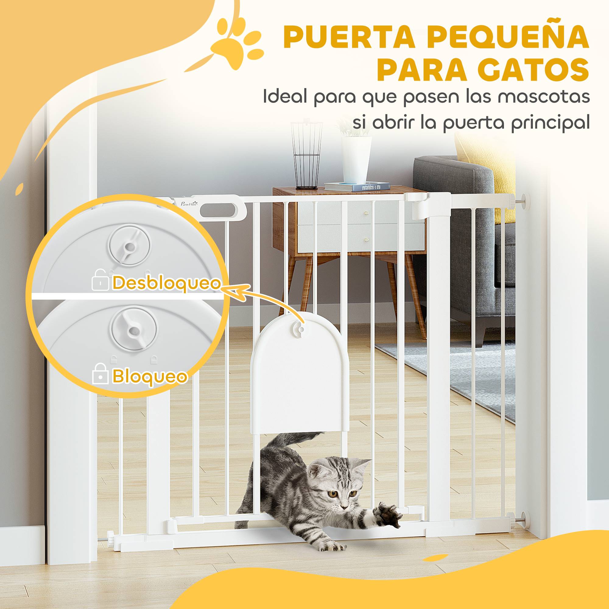 Barrière de sécurité pour chiens de 75 à 103 cm pour escaliers et portes, avec 2 extensions, fermeture automatique et double verrouillage, blanche. - Image 8