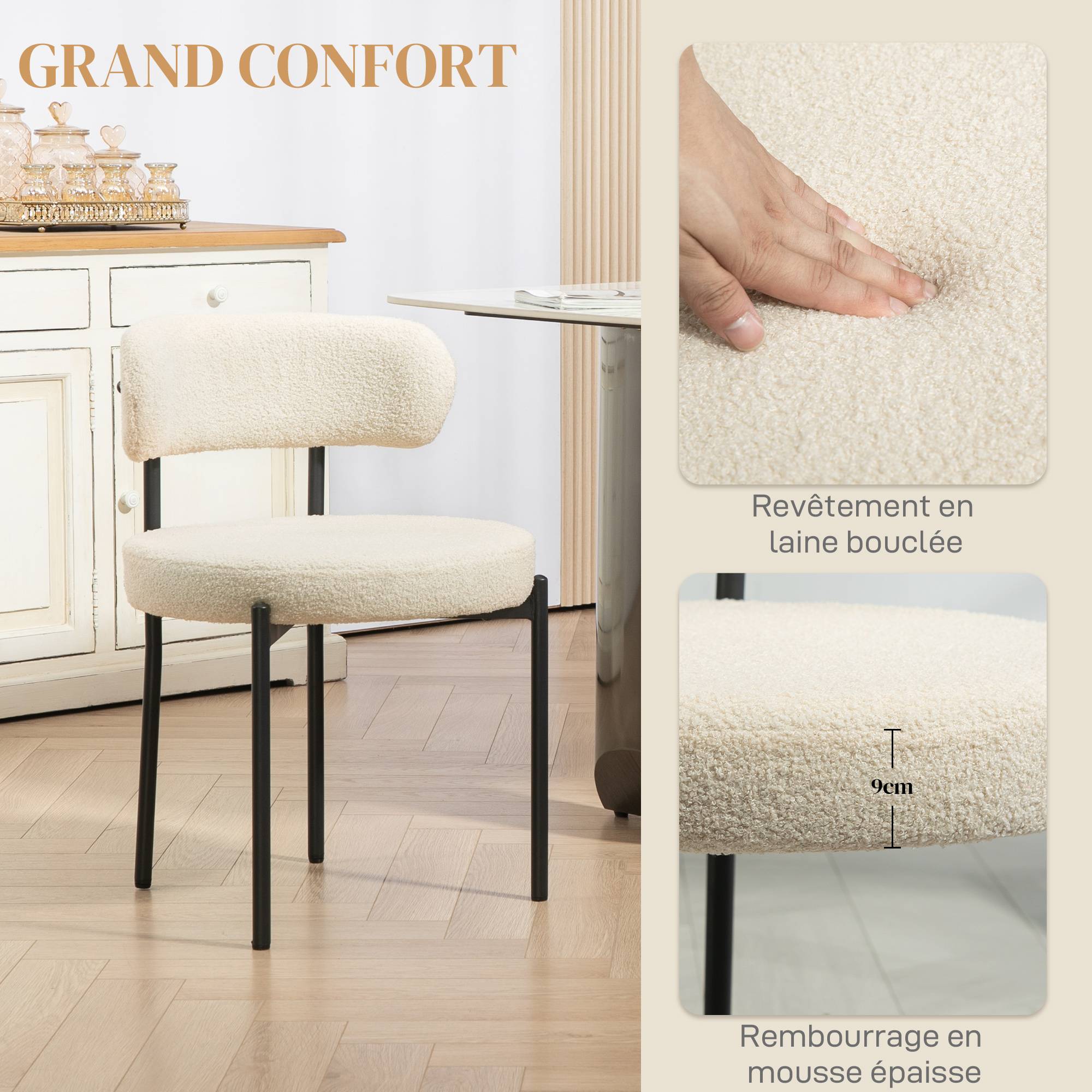 Lot de 2 chaises de salle à manger avec dossier en tissu pieds en acier 51 x 51 x 76 cm beige noir - Image 7