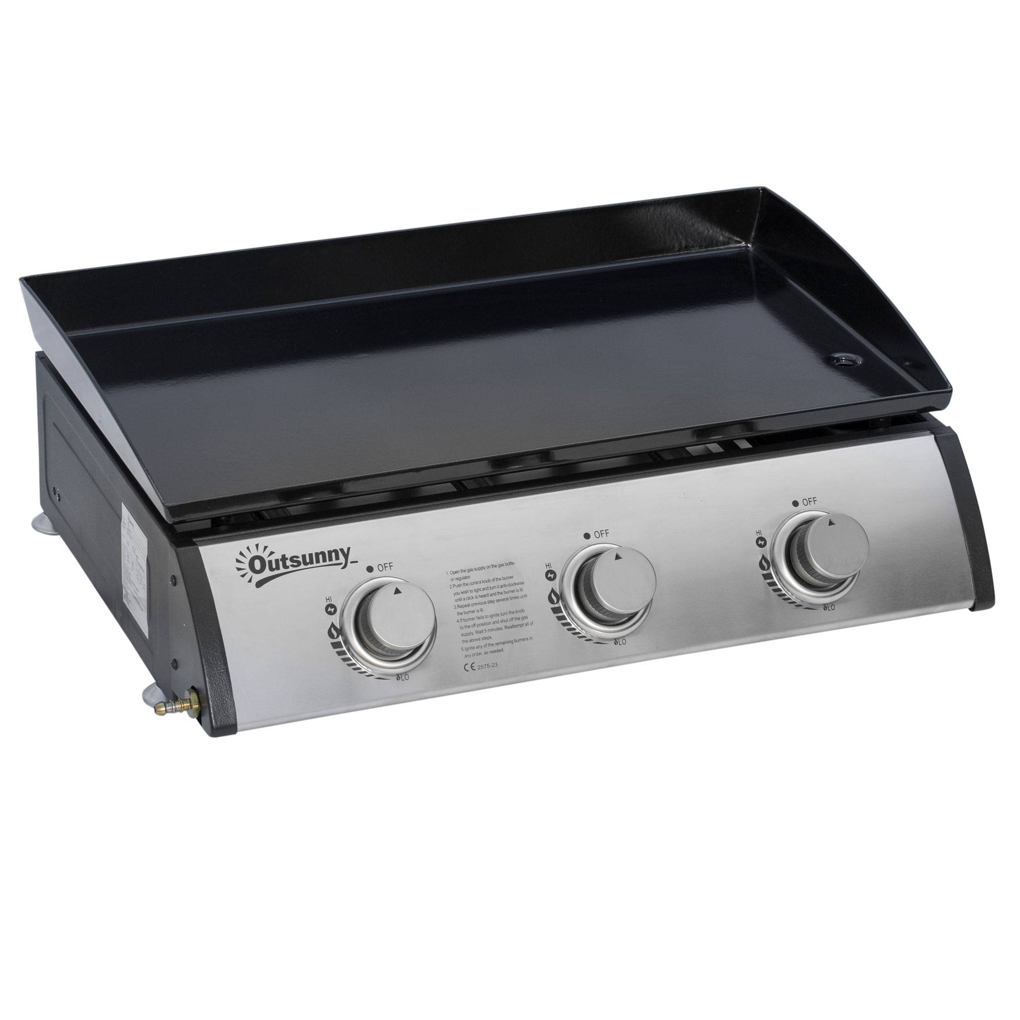 Plancha gaz en acier inox 3 brûleurs 9 kW antiadhésive grande surface de gril 61 x 35,5 cm - Image 1