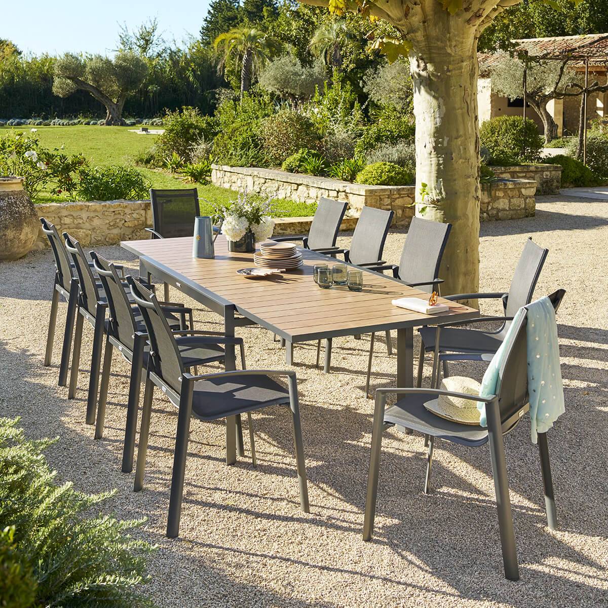 Hesperide - Table de jardin extensible coulissante "Évasion" effet bois honey & graphite 10 places lates en aluminium Hespéride - Image 1