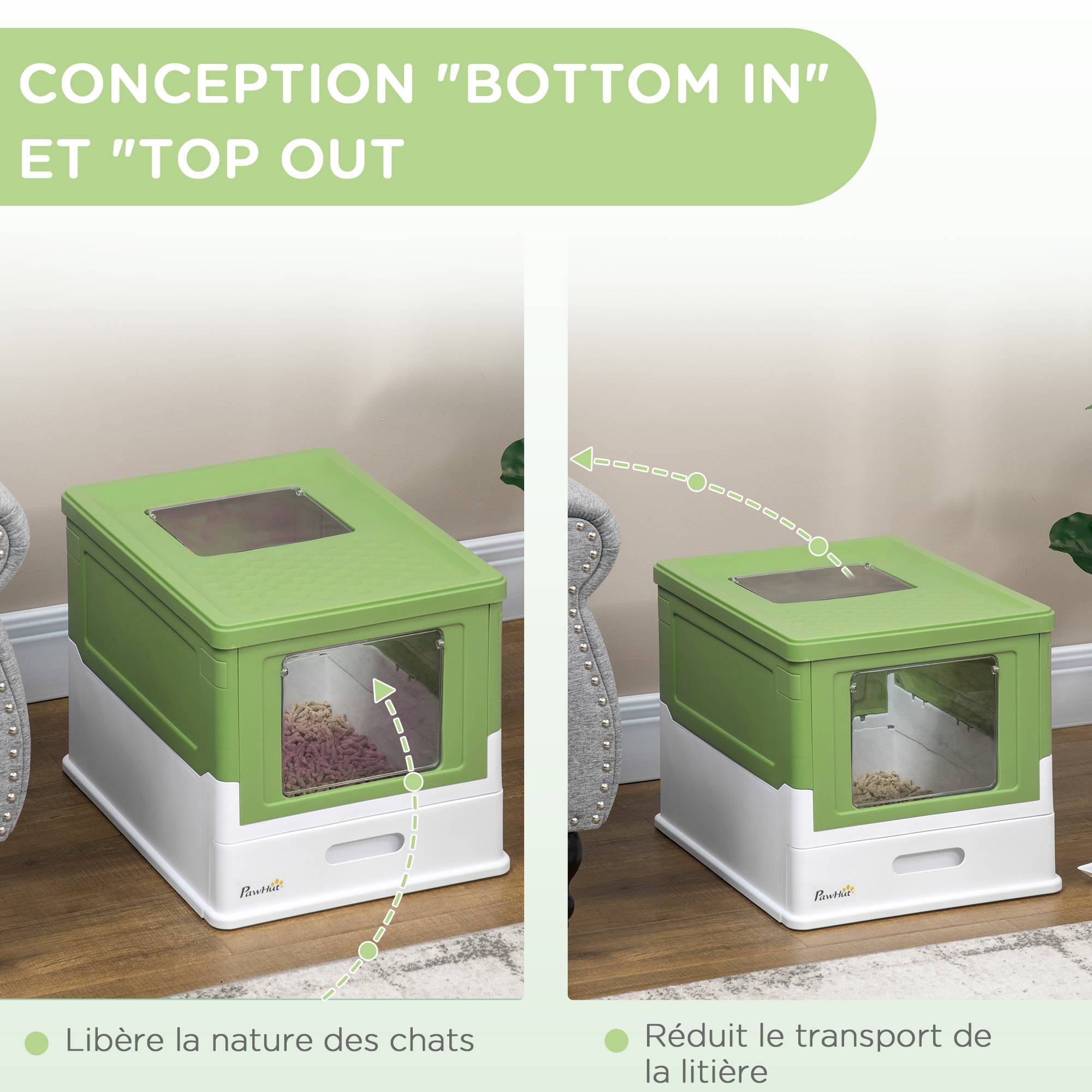 Maison de toilette pliable pour chat, double porte battante et supérieure, pelle fournie, 47,5x35,5x36,7cm, vert avocat - Image 7
