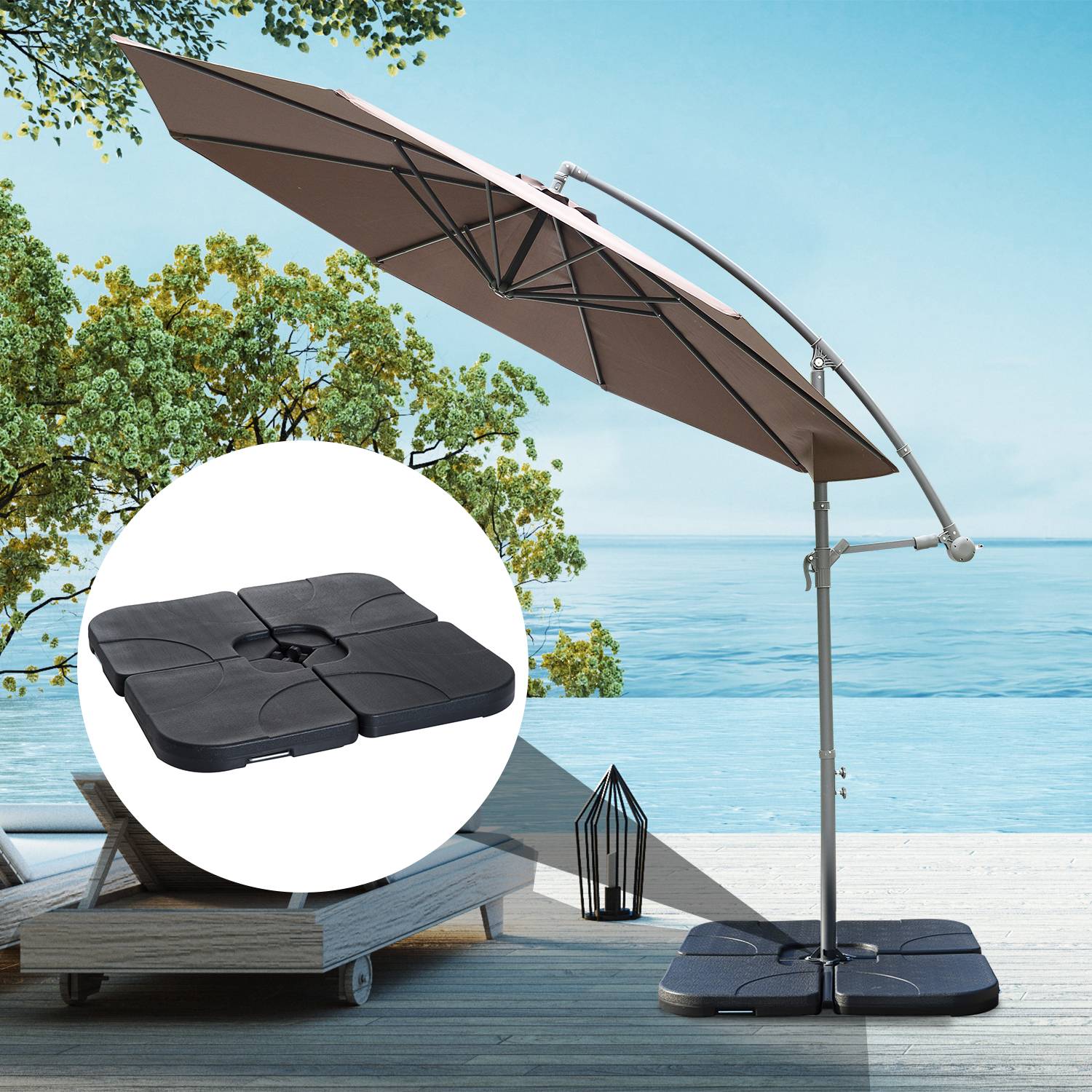 Lot de 4 poids remplissables eau ou sable HDPE pour parasol base croix 50x50x7,5 cm, noir - Image 10