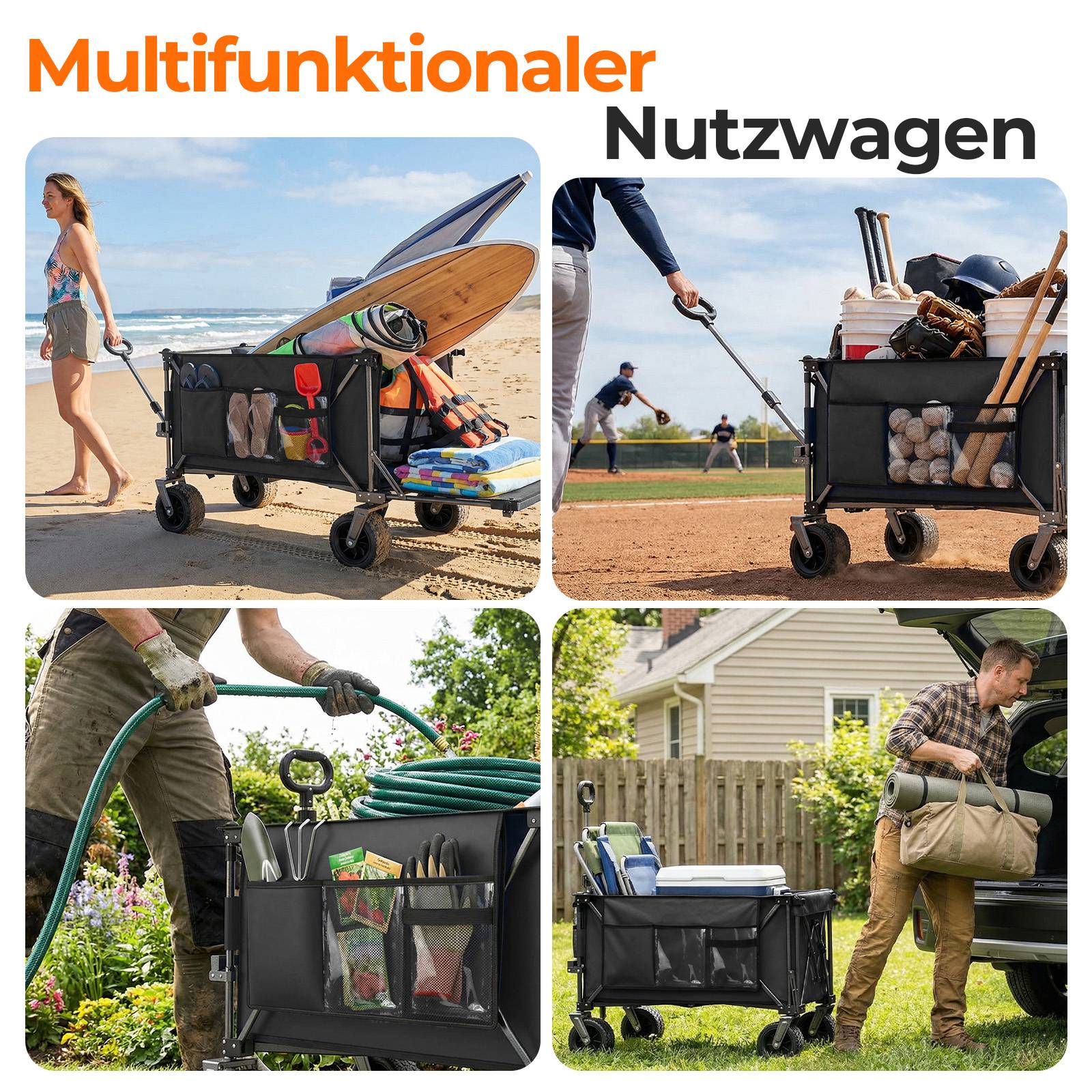 ComfortXL - Chariot pliable acier tissu Oxford tout-terrain jardin plage hayon 140 cm 300 L noir - ComfortXL Outdoor Living - Image 2