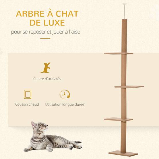 Arbre à chat plafond bois et peluche marron 43 x 27 x 260 cm - PANGIVO - Image 6