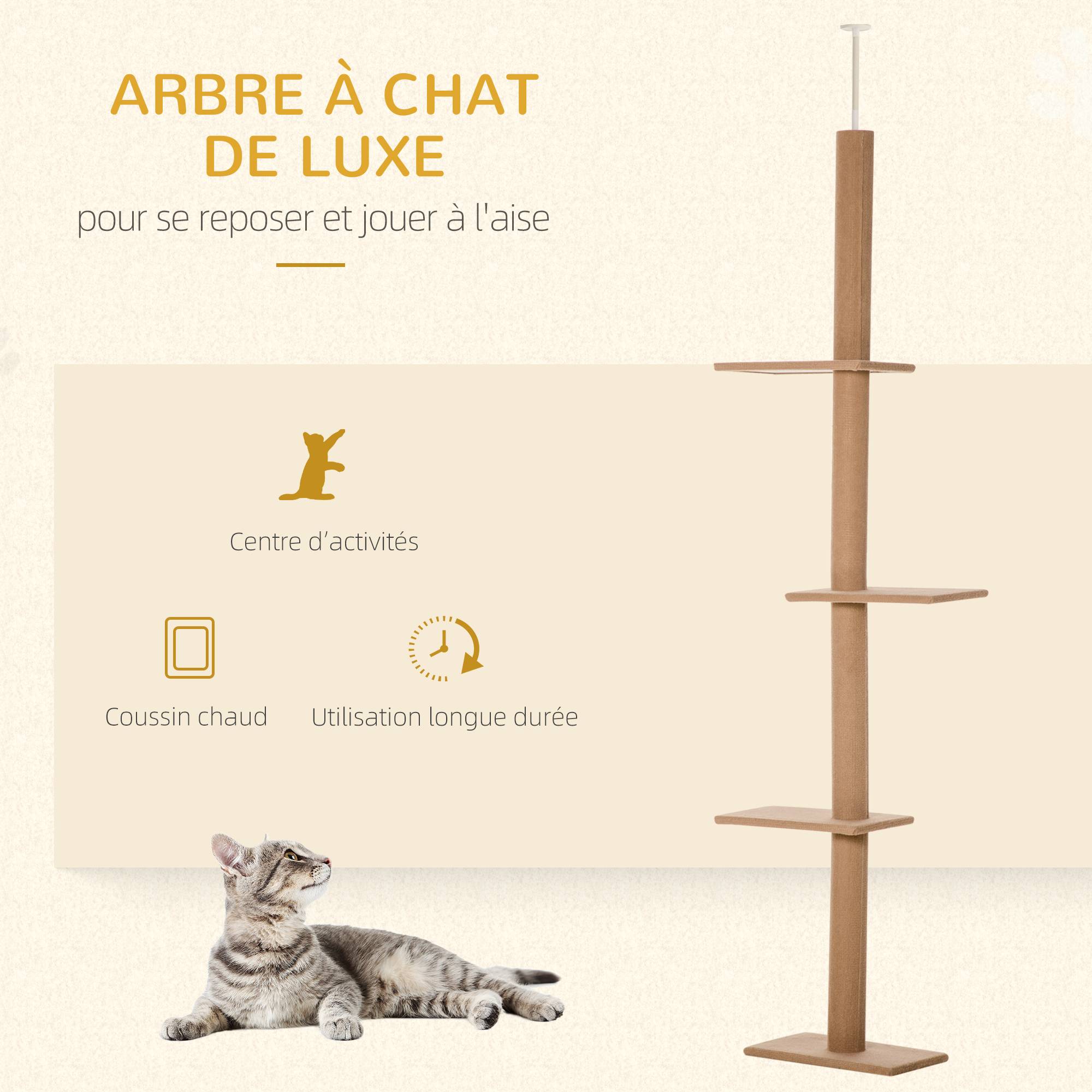 Arbre à chat plafond bois et peluche marron 43 x 27 x 260 cm - PANGIVO - Image 6