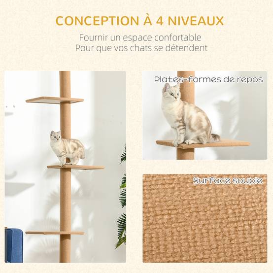 Arbre à chat plafond bois et peluche marron 43 x 27 x 260 cm - PANGIVO - Image 8