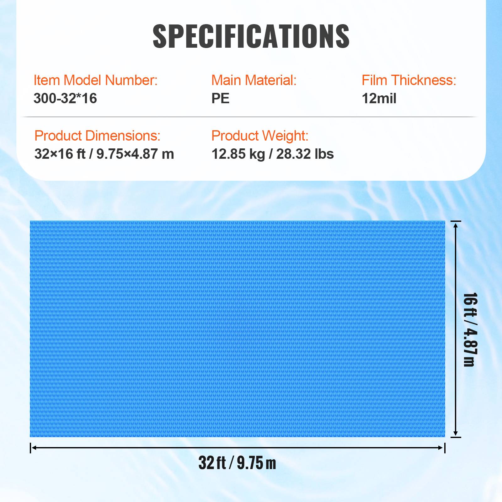 Vevor - VEVOR Couverture solaire piscine, 9,75x4,87 m, 0,3 mm. Chauffe l'eau, pour piscine hors-sol. - Image 7