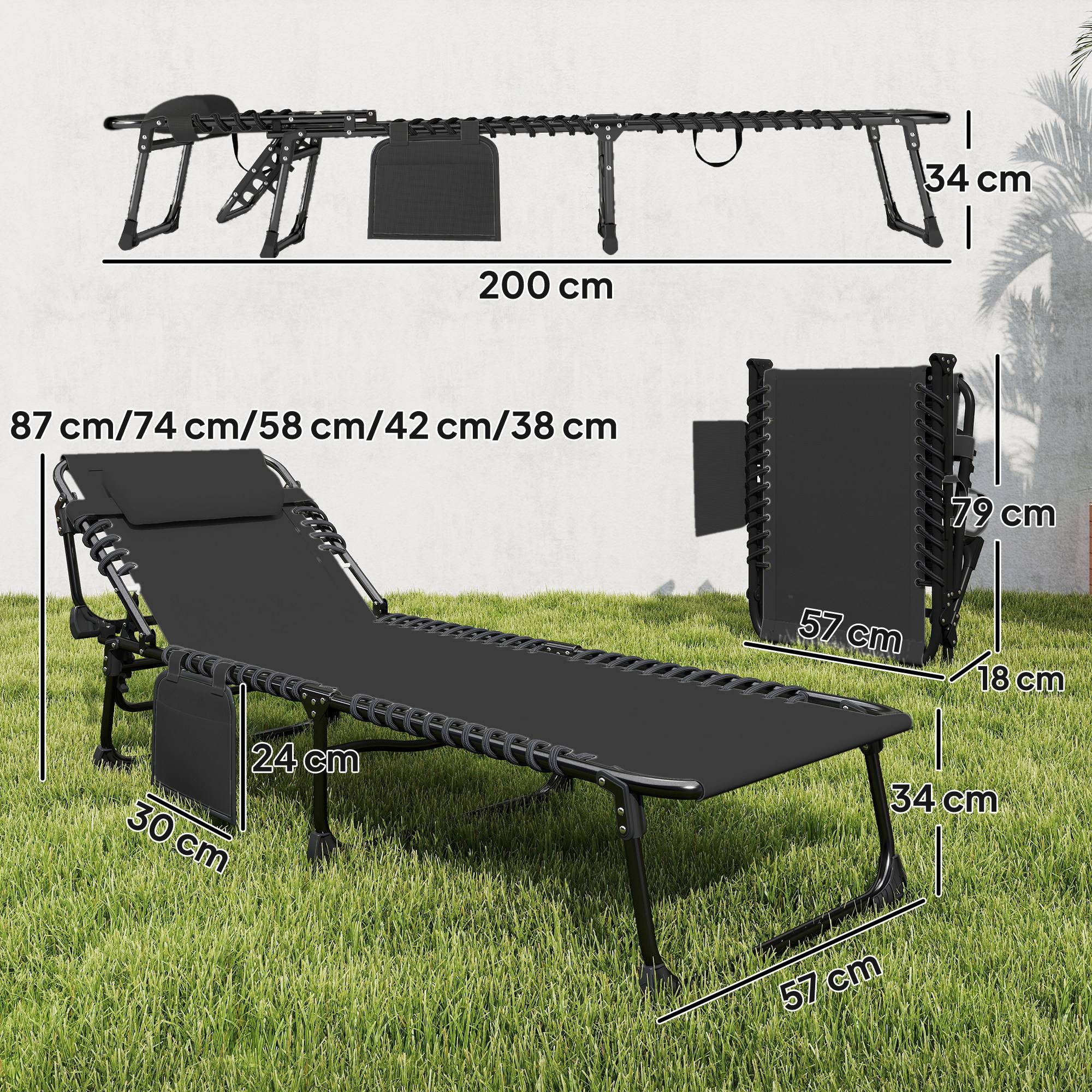 Lot de 2 chaises longues jardin pliantes inclinables 5 positions coussins 57x200x38 cm noires, transats - Image 5