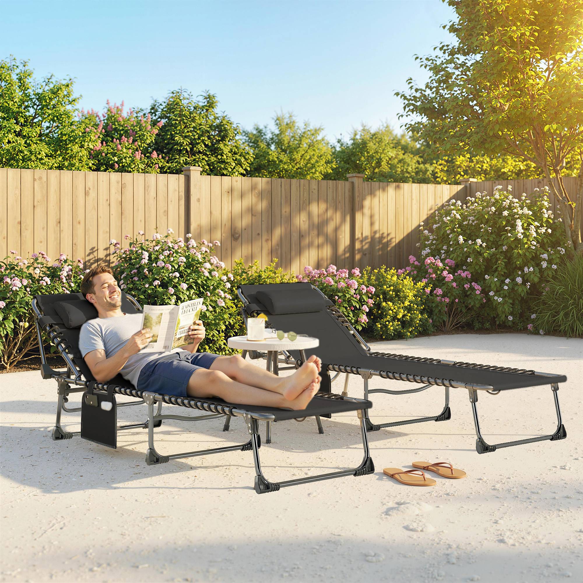 Lot de 2 chaises longues jardin pliantes inclinables 5 positions coussins 57x200x38 cm noires, transats - Image 3