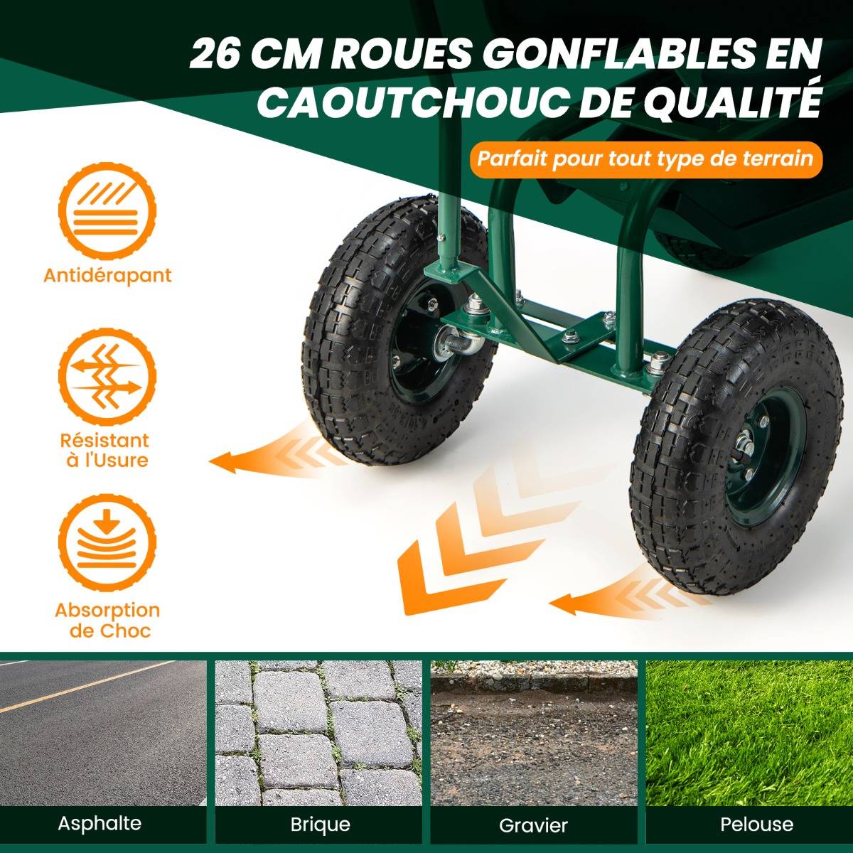 Siège de Jardin Roulant avec 2 Poignées de Direction Chariot Jardinage