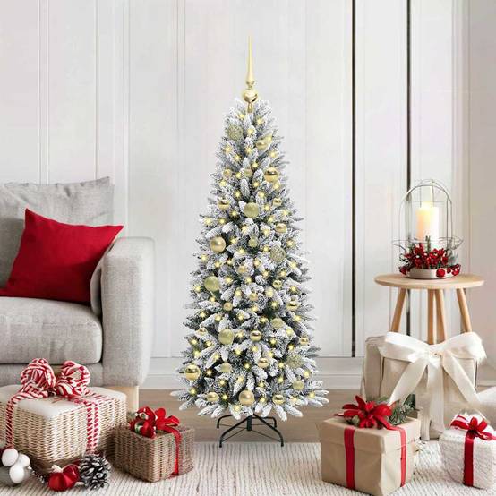 Sapin Artificiel Enneigé 120 cm avec Décorations et Lumières LED Blanc Chaud Incluses – ComfortXL Outdoor Living - Image 1