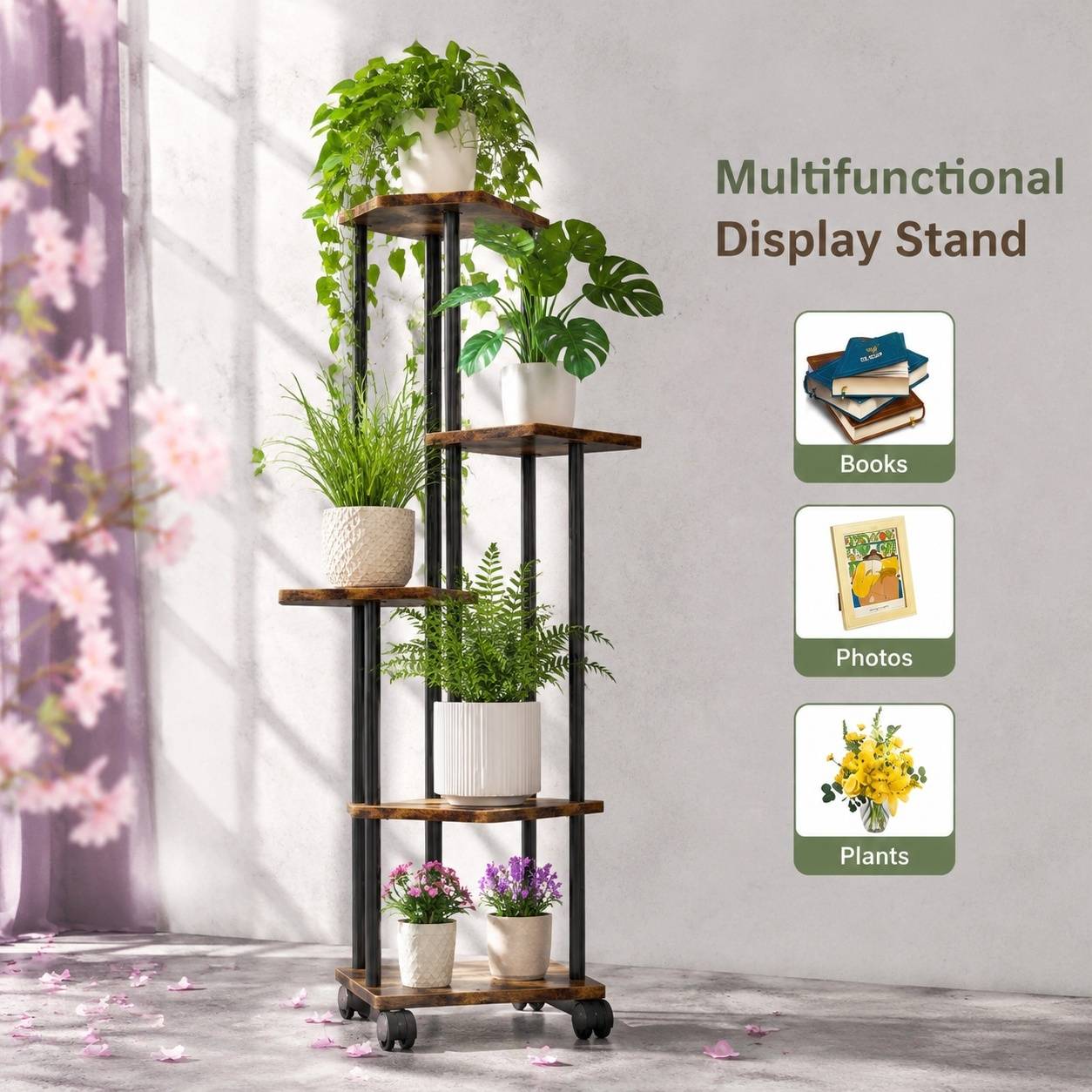 Étagère à plantes d'intérieur 5 niveaux roues amovibles, rangement stable facile à nettoyer - Image 5