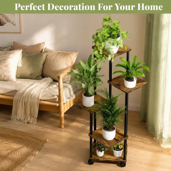 Étagère à plantes d'intérieur 5 niveaux roues amovibles, rangement stable facile à nettoyer - Image 6
