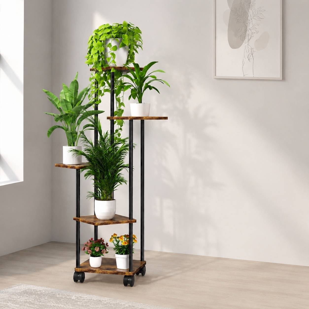 Étagère à plantes d'intérieur 5 niveaux roues amovibles, rangement stable facile à nettoyer - Image 7