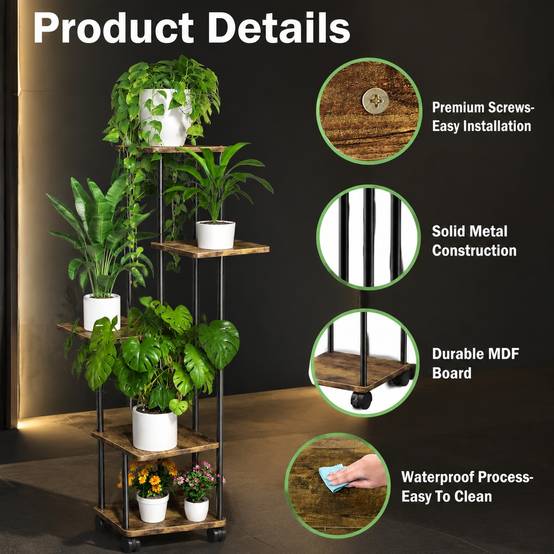 Étagère à plantes d'intérieur 5 niveaux roues amovibles, rangement stable facile à nettoyer - Image 2