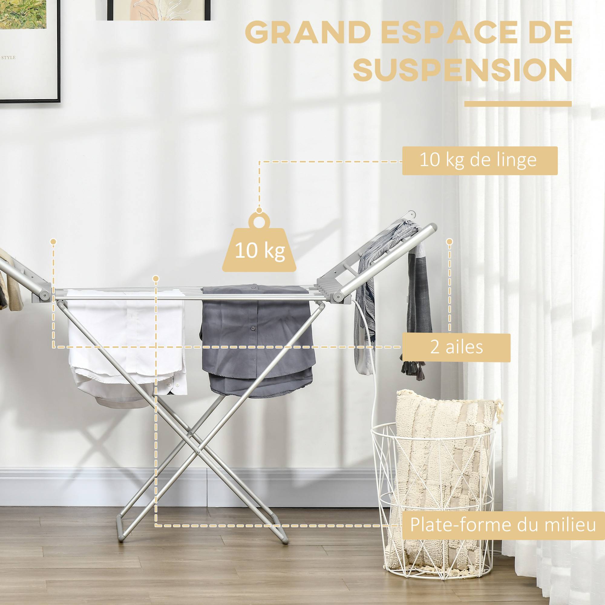Homcom - Sèche-linge électrique étendoir 144x53x91cm chauffant pliable 2 ailes extensibles alliage d'aluminium - HOMCOM - Image 4