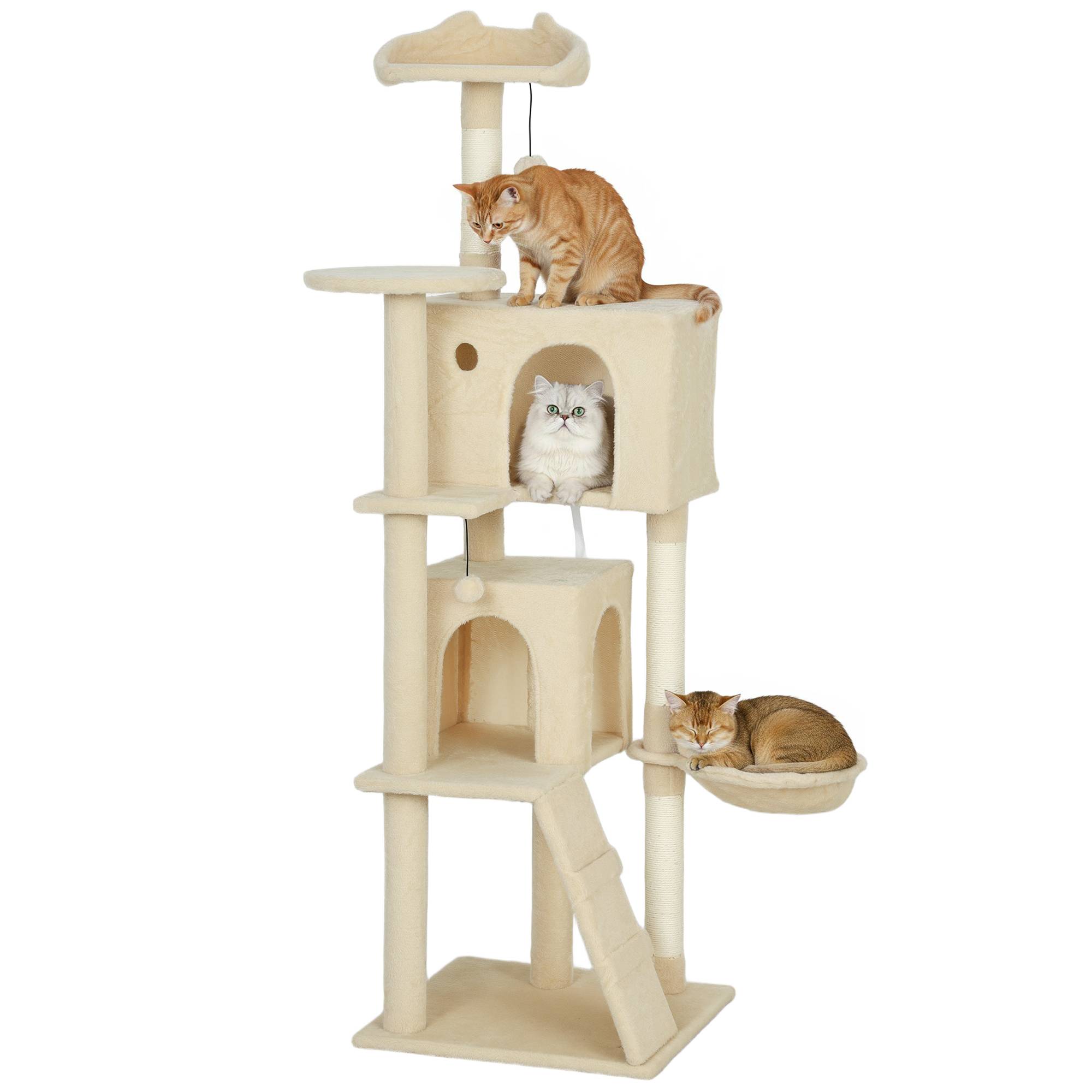 Arbre à chat beige 160 cm, plateformes, couchage, 2 niches, hamac, échelle, poteaux sisal, spacieux - Image 1