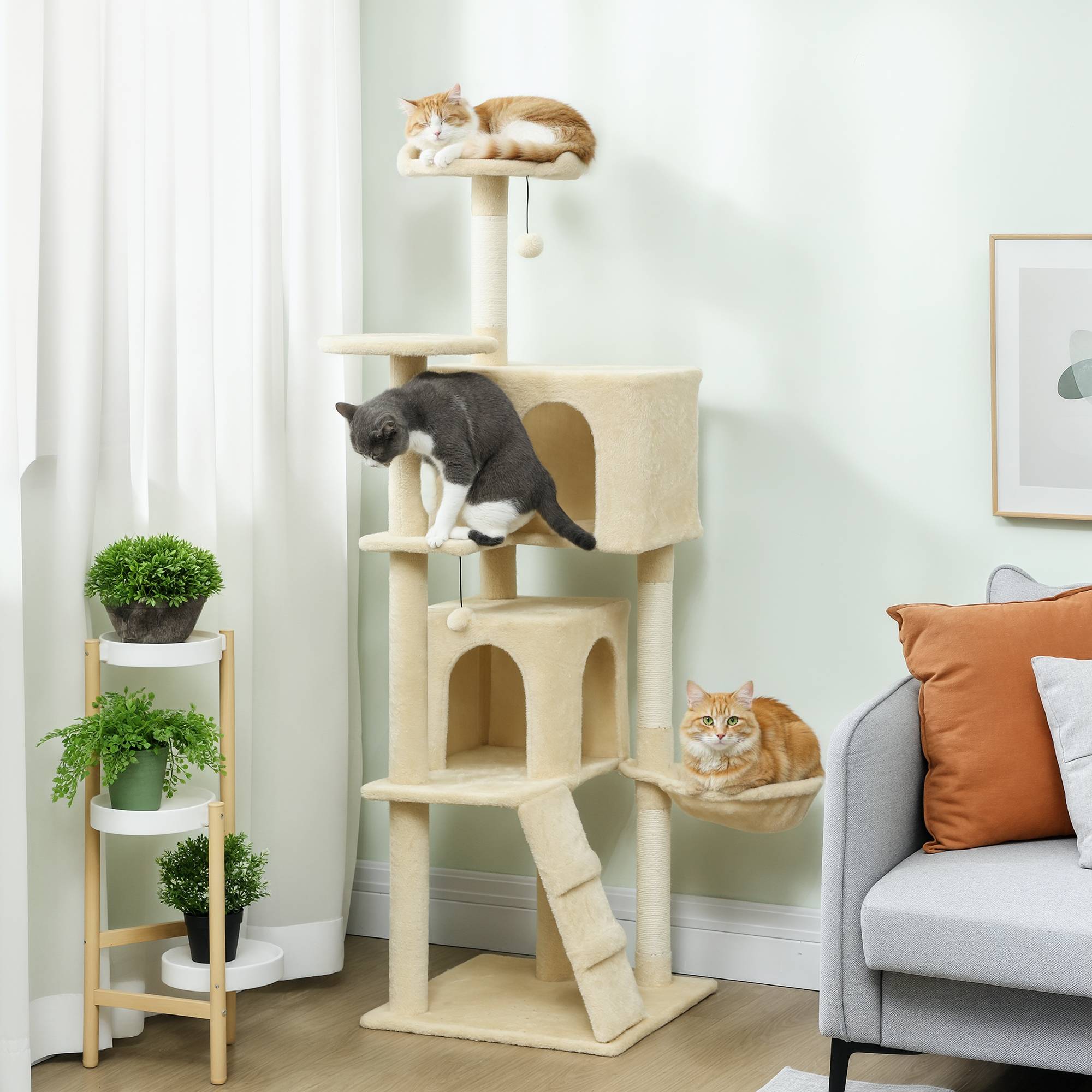 Arbre à chat beige 160 cm, plateformes, couchage, 2 niches, hamac, échelle, poteaux sisal, spacieux - Image 3
