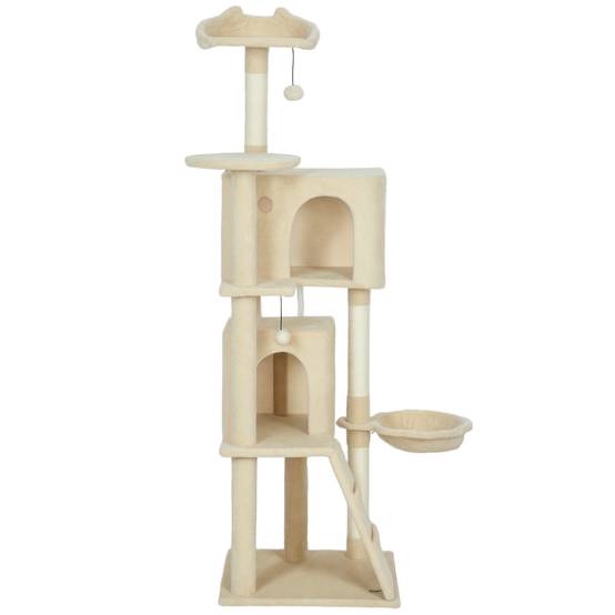 Arbre à chat beige 160 cm, plateformes, couchage, 2 niches, hamac, échelle, poteaux sisal, spacieux - Image 2