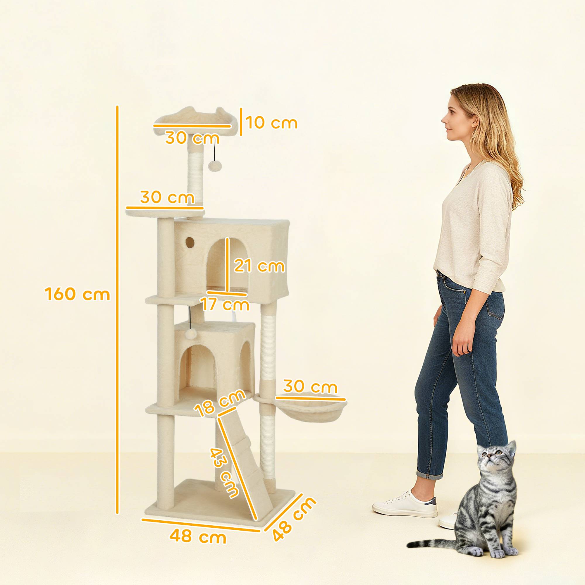 Arbre à chat beige 160 cm, plateformes, couchage, 2 niches, hamac, échelle, poteaux sisal, spacieux - Image 5
