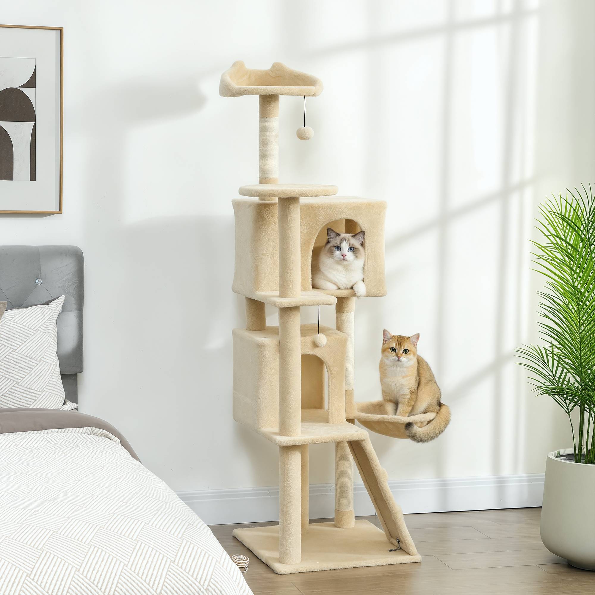 Arbre à chat beige 160 cm, plateformes, couchage, 2 niches, hamac, échelle, poteaux sisal, spacieux - Image 4
