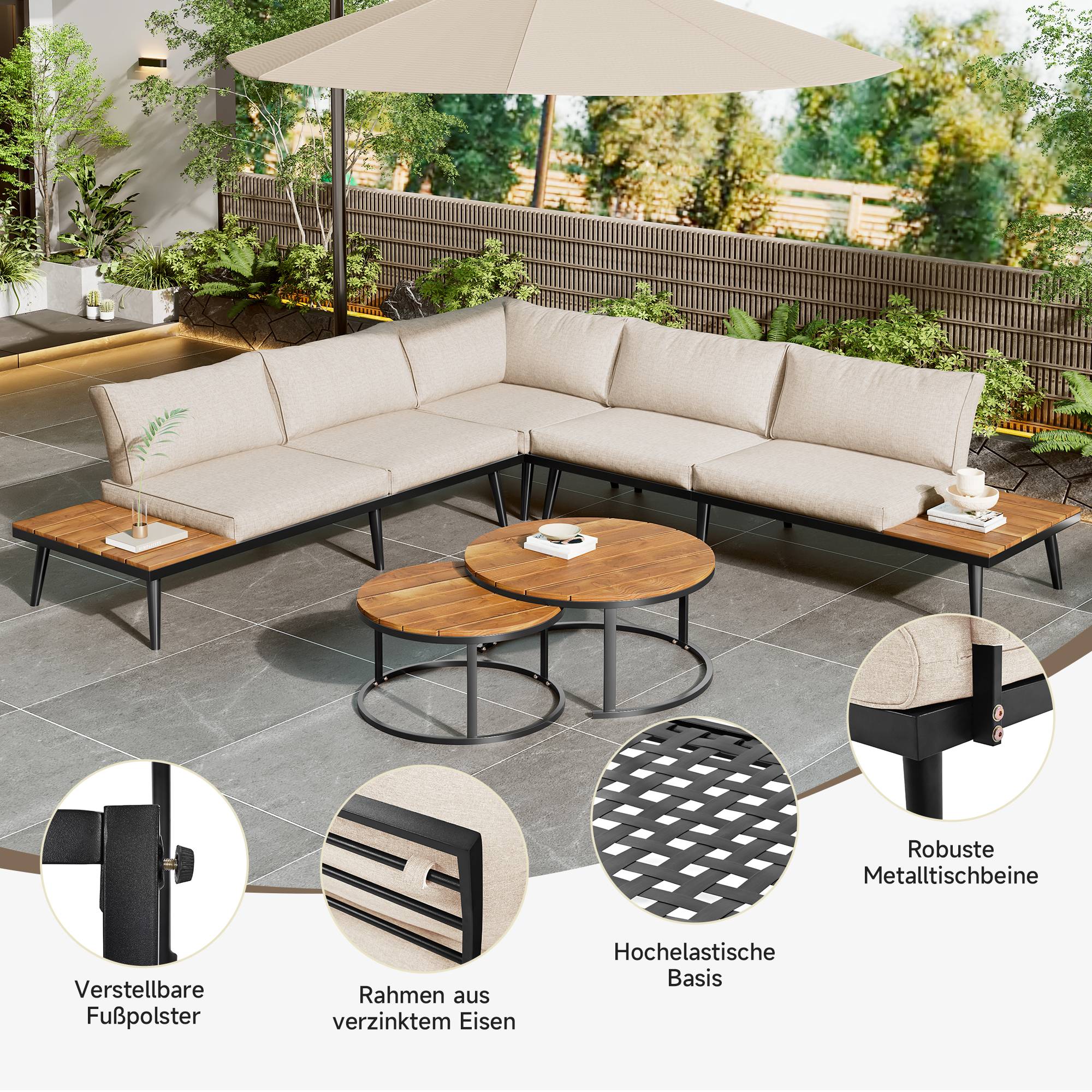 Salon de jardin modulable acier galvanisé acacia terrasse extérieur 5 à 6 places beige - ComfortXL Outdoor Living - Image 4