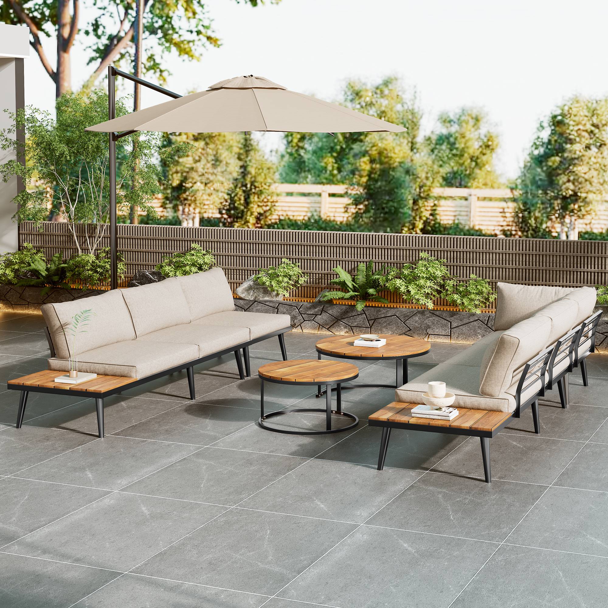 Salon de jardin modulable acier galvanisé acacia terrasse extérieur 5 à 6 places beige - ComfortXL Outdoor Living