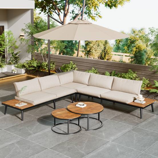 Salon de jardin modulable acier galvanisé acacia terrasse extérieur 5 à 6 places beige - ComfortXL Outdoor Living - Image 10