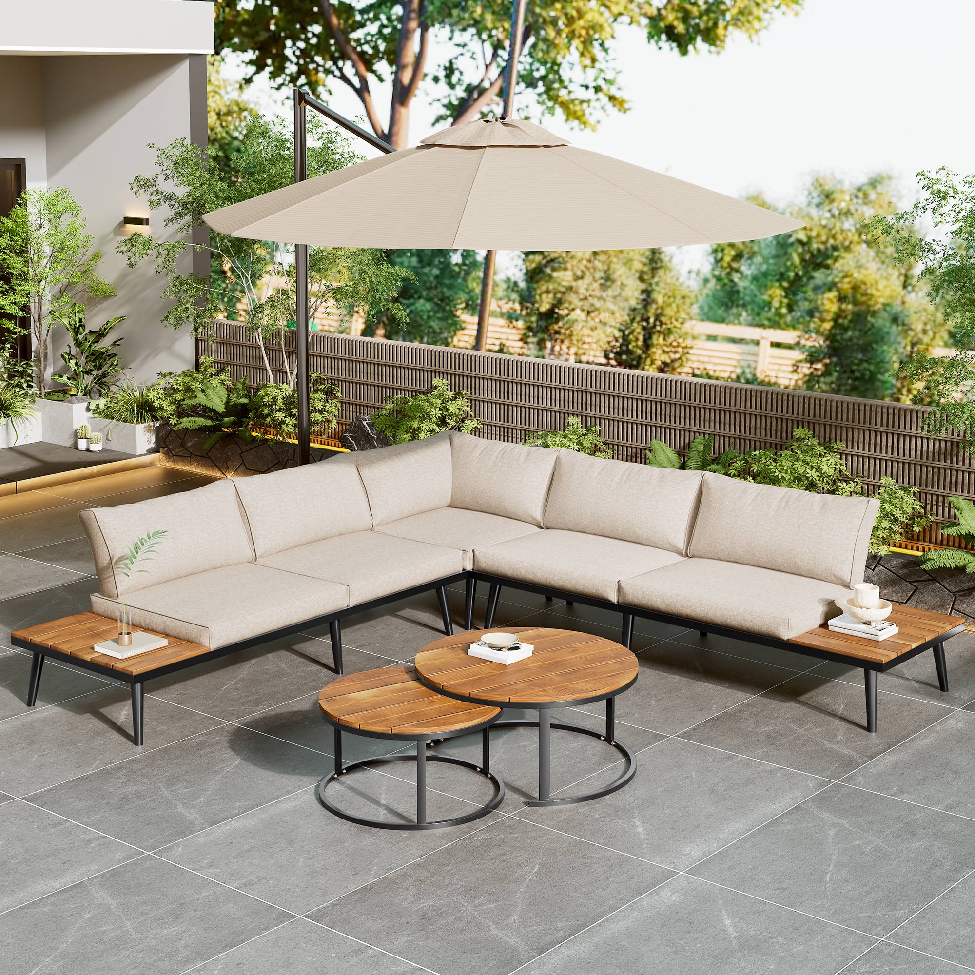 Salon de jardin modulable acier galvanisé acacia terrasse extérieur 5 à 6 places beige - ComfortXL Outdoor Living - Image 10