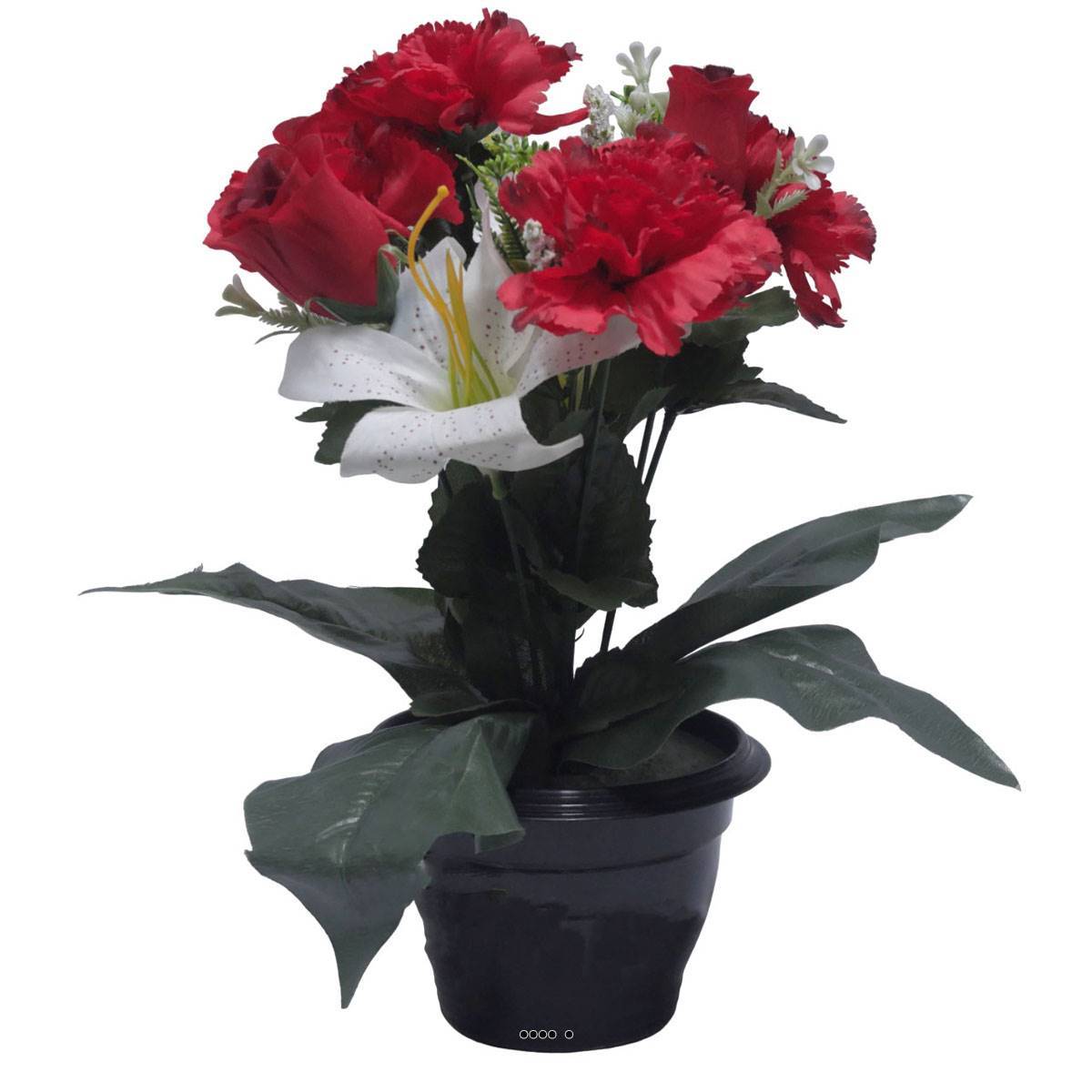 Pot pour Tombe d'oeillet, Lys tigré et mini fleurs Rouge artificiels - Toussaint - couleur: Rouge - Image 2