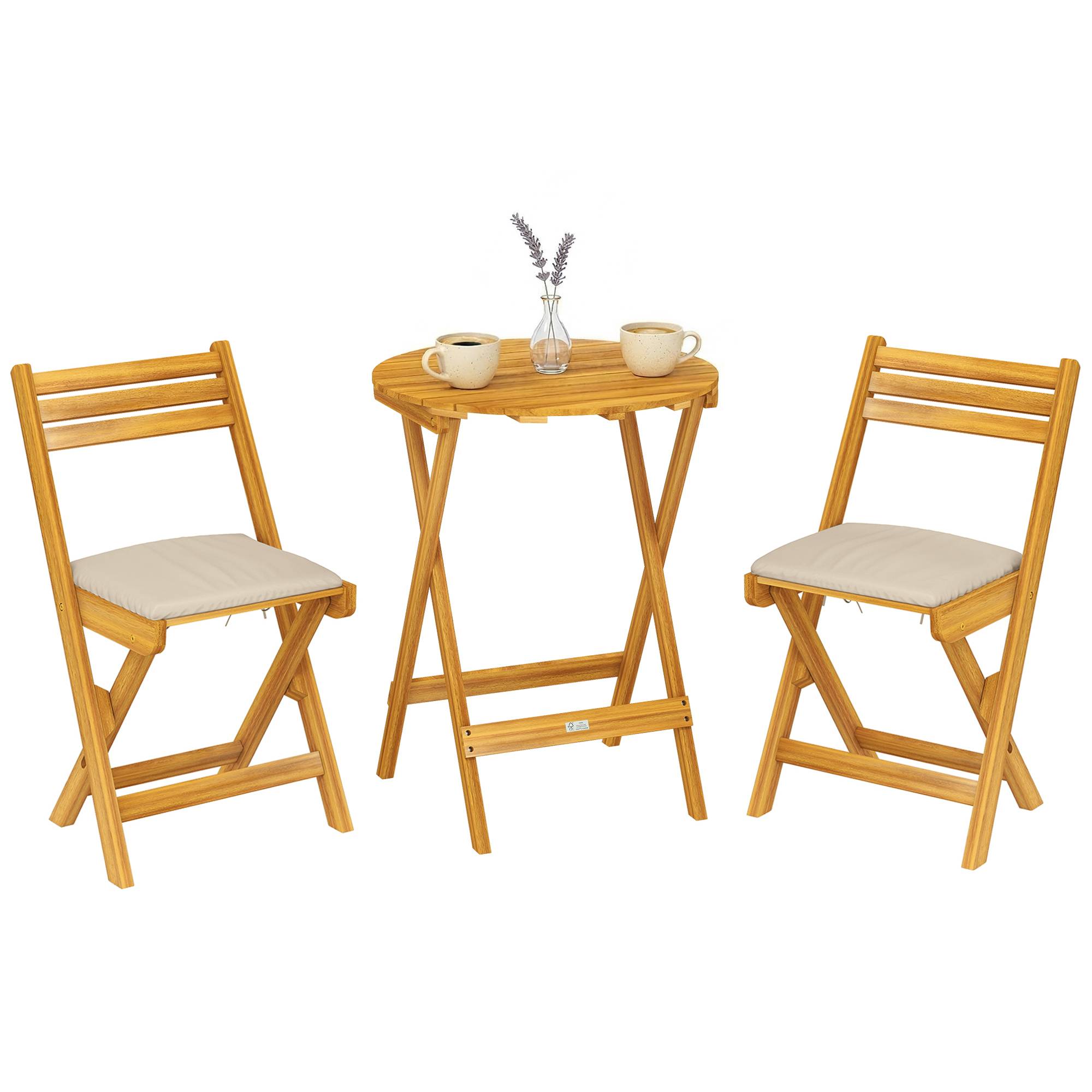 ComfortXL - Salon de balcon pliable en bois d’acacia avec coussins beiges pour 2 personnes - ComfortXL Outdoor Living - Image 1